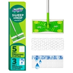 Swiffer Sweep and Mop 2-in-1 Dry + Wet Floor Mopping and Sweeping Kit (1 Sweeper, 5 Heavy Duty Dry Cloths, 3 Heavy Duty Wet Cloths) 1 ea, $9.99/1ea