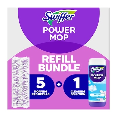 Swiffer Power Mop Refill Pack, Tile, Laminate, Wood, Floor Cleaner, 5 Pads + 1 Fresh Solution 1 ea, $19.99/1ea