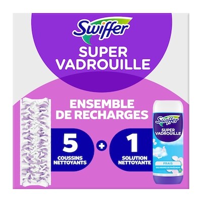Swiffer Ensemble de recharges Super Vadrouille, carrelage, bois, stratifié, nettoyant pour planchers en bois, 5 coussins + 1 solution parfumée Fraîcheur 1 ea, 19,99 $/1ch