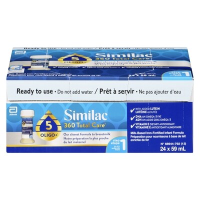 Similac 360 Total Care Préparation pour nourrissons à base de lait enrichie de fer étape 1 0-12 mois 24x59.0 ml, 2,75 $/100ml