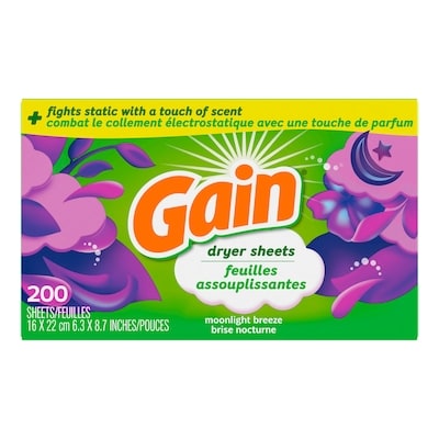 Gain Feuilles assouplissantes, combat le collement électrostatique avec un soupçon de parfum, feuilles pour la lessive, parfum Brise nocturne, 200 feuilles 200 ea, 0,05 $/1ch