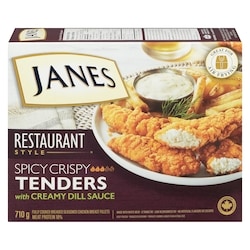 Janes Fully Cooked Breaded Seasoned Chicken Breast Fillets Spicy Crispy Tenders With Creamy Dill Sauce 710 g, $2.67/100g