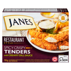Janes Fully Cooked Breaded Seasoned Chicken Breast Fillets Spicy Crispy Tenders With Creamy Dill Sauce 710 g, $2.67/100g