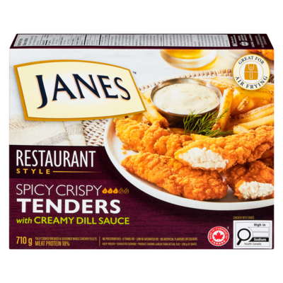 Janes Fully Cooked Breaded Seasoned Chicken Breast Fillets Spicy Crispy Tenders With Creamy Dill Sauce 710 g, $2.39/100g