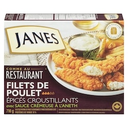 Janes Filets de poitrine de poulet assaisonnés et panés entièrement cuits filets de poulet épicés croustillants avec sauce crémeuse à l'aneth 710 g, 2,54 $/100g
