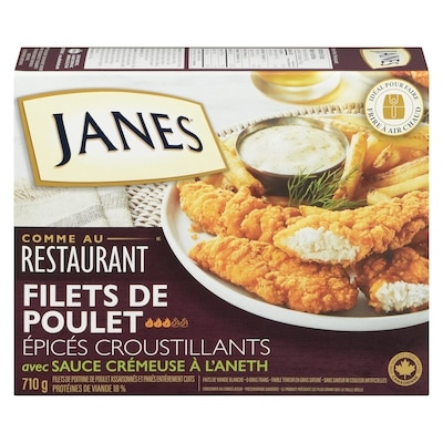 Janes Filets de poitrine de poulet assaisonnés et panés entièrement cuits filets de poulet épicés croustillants avec sauce crémeuse à l'aneth 710 g, 2,54 $/100g
