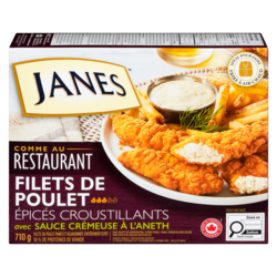 Janes Filets de poitrine de poulet assaisonnés et panés entièrement cuits filets de poulet épicés croustillants avec sauce crémeuse à l'aneth 710 g, 2,39 $/100g