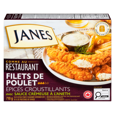 Janes Filets de poitrine de poulet assaisonnés et panés entièrement cuits filets de poulet épicés croustillants avec sauce crémeuse à l'aneth 710 g, 2,39 $/100g