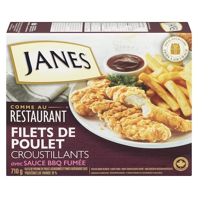 Janes Filets de poitrine de poulet assaisonnés et panés entièrement cuits croustillants avec sauce bbq fumée 710 g, 2,54 $/100g