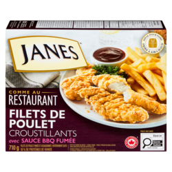 Janes Filets de poitrine de poulet assaisonnés et panés entièrement cuits croustillants avec sauce bbq fumée 710 g, 2,39 $/100g