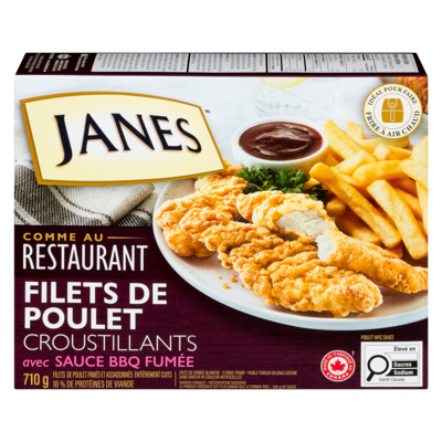 Janes Filets de poitrine de poulet assaisonnés et panés entièrement cuits croustillants avec sauce bbq fumée 710 g, 2,39 $/100g