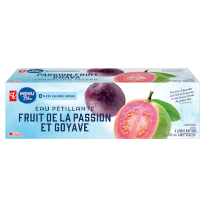 PC Menu Bleu Eau pétillante saveur fruit de la passion et goyave  12x355.0 ml, 0,16 $/100ml