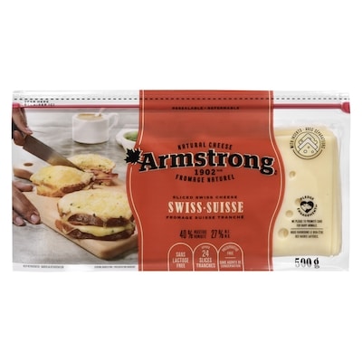 Armstrong Sliced Swiss Cheese 27 % M.F. 500 g, $1.96/100g