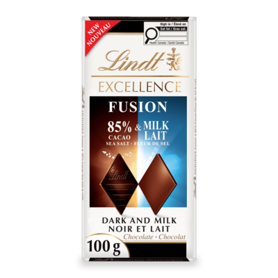 Lindt Barre EXCELLENCE Fusion au chocolat noir à 85 % de cacao Fleur de sel et au chocolat au lait 100 g, 6,49 $/100g