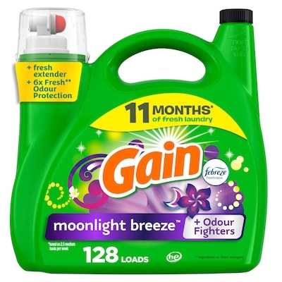 Gain Liquid Laundry Detergent, Moonlight Breeze Scent, 128 loads, Freshness + Odour Fighting, High efficiency washing machine iquid cleaning soap 5.44 l, $0.40/100ml
