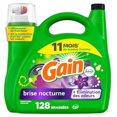Gain Détergent à lessive liquide, parfum Brise nocturne, 128 brassées, fraîcheur + élimination des odeurs, savon nettoyant liquide haute efficacité pour laveuse 5.44 l, 0,48 $/100ml