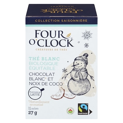 Four O’Clock Thé blanc chocolat blanc et noix de coco 27 g, 23,30 $/100g