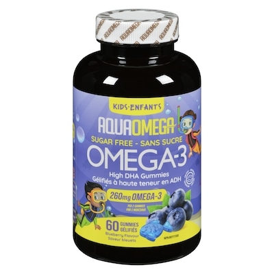 Aqua Omega Omega-3 gélifiés à haute teneur en adh saveur bleuets enfants 60 ea, 0,87 $/1ch