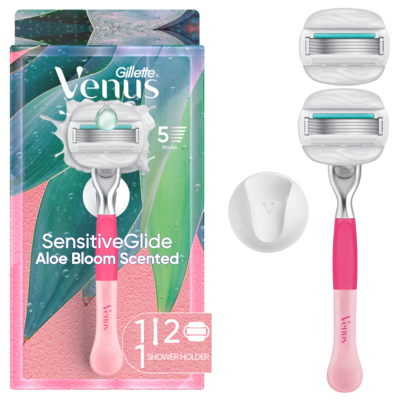 Gillette SensitiveGlide Women’s Razor for Sensitive Skin, 2 Refill Razor Cartridges, 1 Reusable Metal Handle and Shower Holder, Aloe Bloom Scented 1 ea, $24.99/1ea
