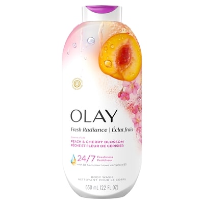 Olay Nettoyant pour le corps Éclat frais avec essence de pêche et de fleur de cerisier et mélange de vitamine B3 et d’antioxydants 650 ml, 1,69 $/100ml