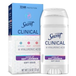 Secret Clinical Antiperspirant Deodorant for Women, 72HR Sweat & Odor Protection, Hyaluronic Acid, Soft Solid, Soft Lavender 45 g, $26.64/100g