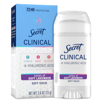 Secret Clinical Antiperspirant Deodorant for Women, 72HR Sweat & Odor Protection, Hyaluronic Acid, Soft Solid, Soft Lavender 45 g, $25.53/100g