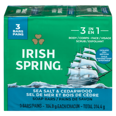 Irish Spring Pains de savon 3 en 1 sel de mer et bois de cèdre 3 ea, 2,00 $/1ch
