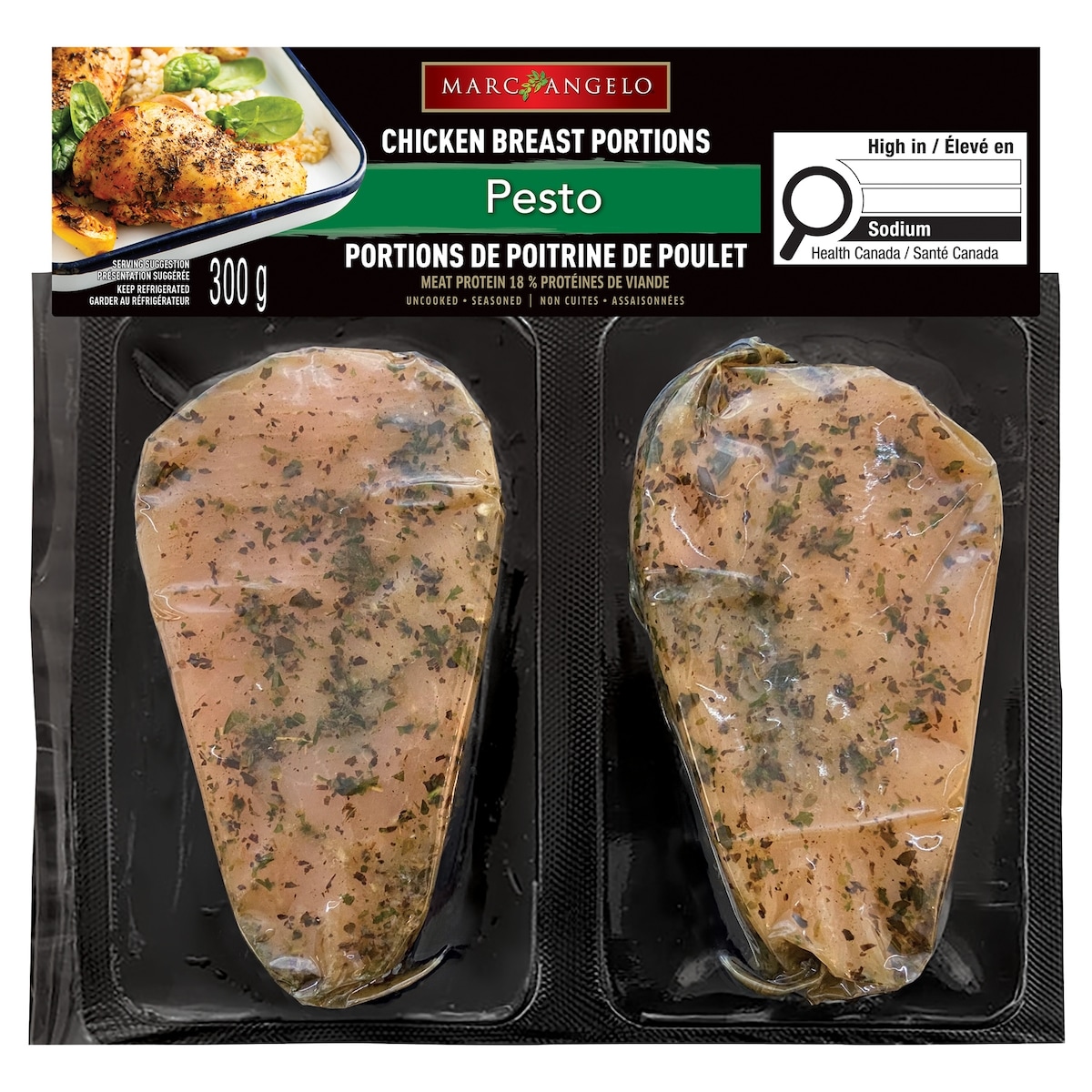 Marc Angelo Portions de poitrine de poulet – Pesto 300 g, 2,66 $/100g