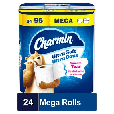 Charmin Toilet Paper Ultra Soft, 24 Mega Rolls, 2-ply Bath Tissue 24 ea, $0.96/1ea