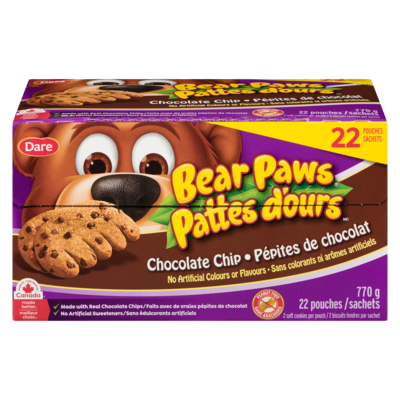 Dare Bear Paws Cookies, Chocolate Chip, 22 Pouches 770 g, $1.36/100g