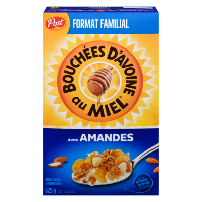 Post Céréales sucrées à l'avoine et au miel avec amandes format familial 625 g, 0,96 $/100g