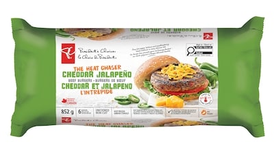 President's Choice Beef Burger, Cheddar Jalapeño 852 g, $2.35/100g