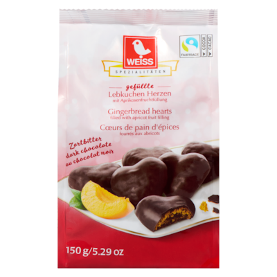 Weiss Gingerbread Hearts Filled With Apricot Fruit Filling Dark Chocolate 150 g, $3.33/100g