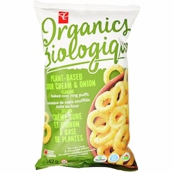 PC Biologique Anneaux de maïs soufflés cuits au four à base de plantes, saveur crème sure et oignon 142 g, 2,82 $/100g