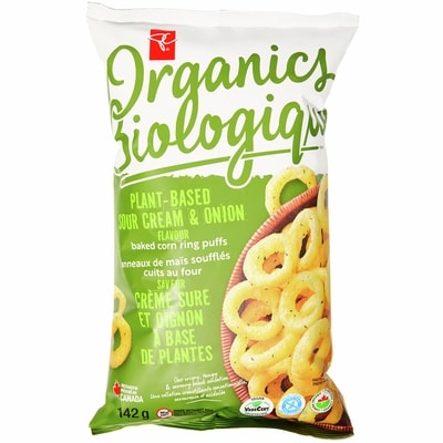 PC Biologique Anneaux de maïs soufflés cuits au four à base de plantes, saveur crème sure et oignon 142 g, 2,82 $/100g