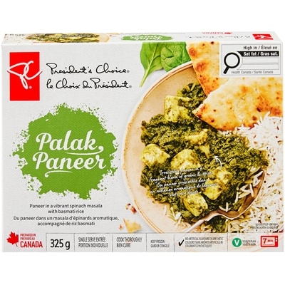 President's Choice Frozen Entrée Palak Paneer 325 g, $1.23/100g