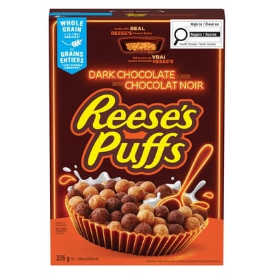 PUFFS Dark Chocolate Flavour Cereal, Real REESE'S Peanut Butter