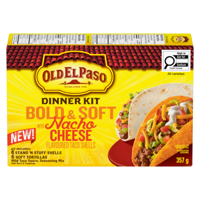 Old El Paso Dinner Kit Bold And Soft With Nacho Cheese Flavoured Taco Shells 357 g, $1.12/100g