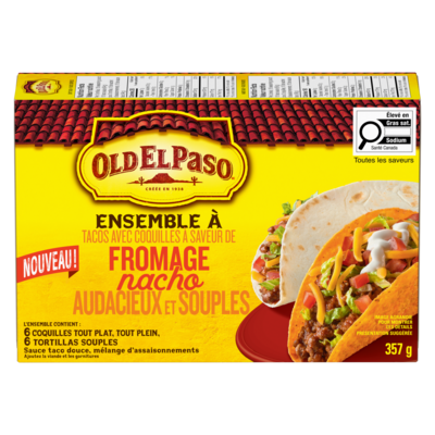Old El Paso Ensemble à tacos avec coquilles à saveur de fromage nacho audacieux et souples 357 g, 1,62 $/100g
