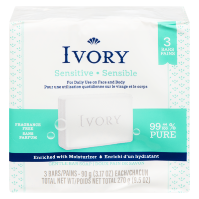 Ivory Gentle Bar Soap, Sensitive, Fragrance Free, 3 Pack 3x90.0 g, $1.48/100g