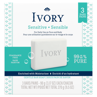 Ivoire Pain de savon Sensible, non parfumé , 3 unités 3x90.0 g, 1,29 $/100g