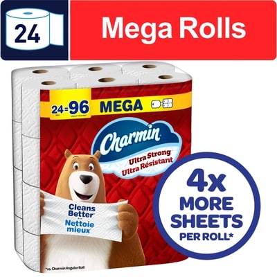 Charmin Toilet Paper Ultra Strong, 24 Mega Rolls 24 ea, $32.99/1ea