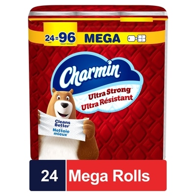 Charmin Toilet Paper Ultra Strong, 24 Mega Rolls, 2-ply Bath Tissue 24 ea, $32.99/1ea