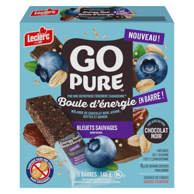 Leclerc Boule d'énergie en barre bleuets sauvages Go Pure 140 g, 2,14 $/100g