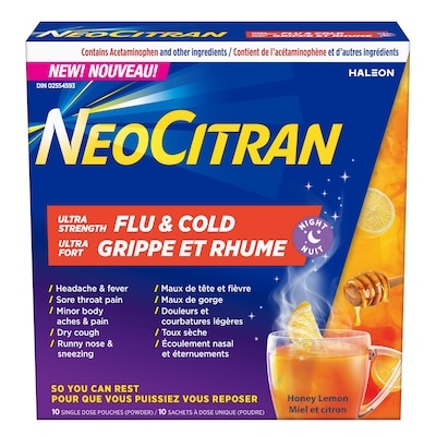 NeoCitran Ultra Fort Grippe et Rhume Nuit miel et citron (poudre), 10ct 10 ea, 1,70 $/1ch