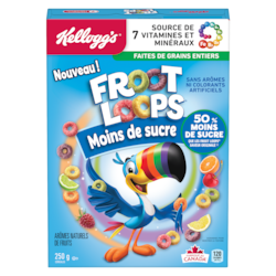 Kellogg’s Céréales moins de sucre Froot Loops  250 g, 2,32 $/100g