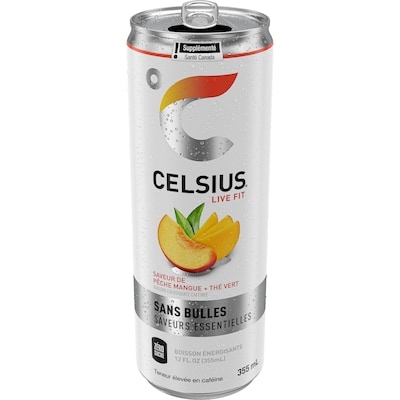 Celsius Boisson énergisante sans bulles thé vert pêche et mangue 355 ml, 1,26 $/100ml