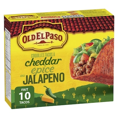 Old El Paso Coquilles à tacos croustillantes Tout plat, tout plein à saveur de fromage cheddar et jalapeno épicé 153 g, 3,26 $/100g