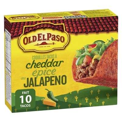 Old El Paso Coquilles à tacos croustillantes Tout plat, tout plein à saveur de fromage cheddar et jalapeno épicé 153 g, 2,15 $/100g