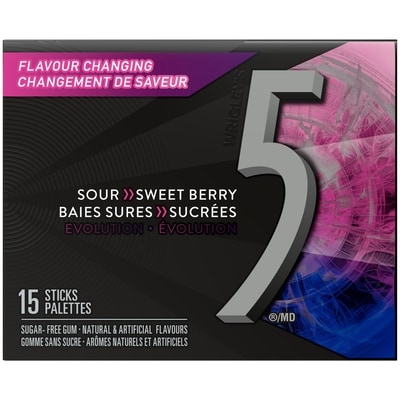 5 Gum Gomme Évolution sans sucre aux saveurs de baies sures à sucrées, emballage 37.5 g, 7,97 $/100g